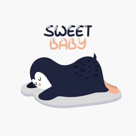 Cute sleeping penguin. Vector children's colorful illustration in cartoon style with the inscription. hand drawn for printing on children's clothing, interior design, packaging, stickers. Isolated on white.のイラスト素材