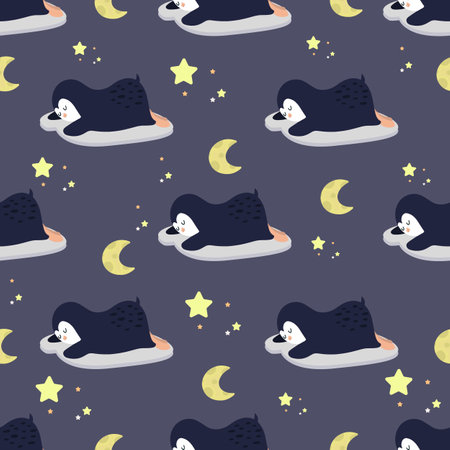 Cute penguins sleep among the stars and the moon. Seamless background with cute animals. Decorative wallpaper for the nursery. Vector. Suitable for children's clothing, interior design, packaging.のイラスト素材