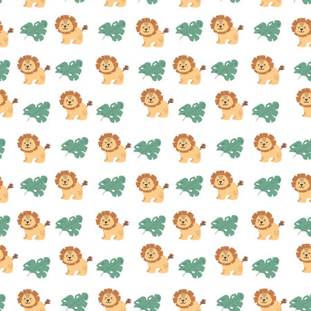 Seamless pattern with cute lions. Decorative wallpaper for the nursery in vector, suitable for children's clothing, interior design, packaging, printingのイラスト素材