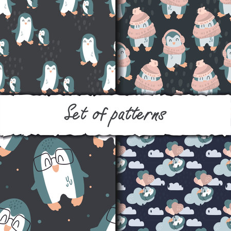 Set of templates with cute penguins. Vector children's illustration in cartoon style. Suitable for children's clothing, interior design, packaging, printingのイラスト素材