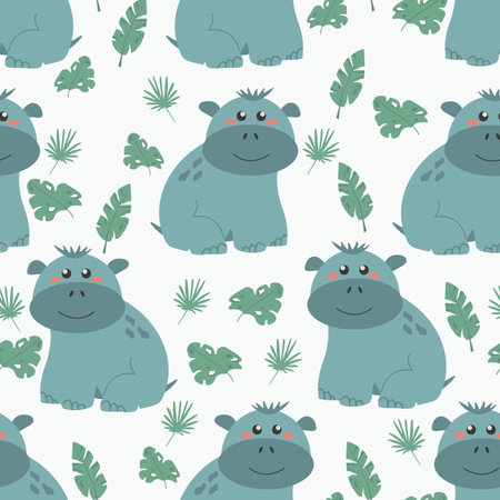 Seamless background with cute hippos. Decorative wallpaper for the nursery in vector, suitable for children's clothing, interior design, packaging, printingのイラスト素材