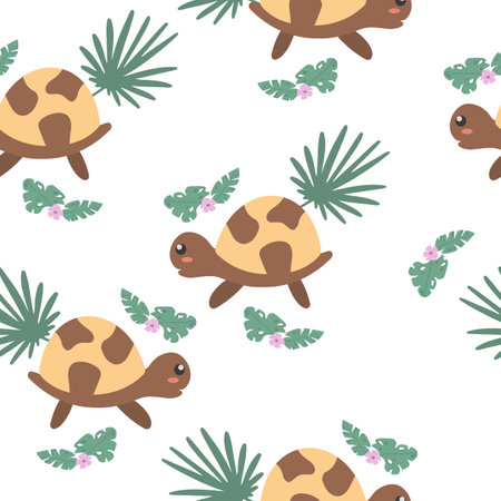 Seamless pattern with cute turtles. Decorative wallpaper for the nursery in vector, suitable for children's clothing, interior design, packaging, printingのイラスト素材