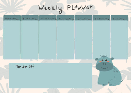 Vector kids weekly planner with cute hippo in cartoon style. Place for a to-do list.のイラスト素材