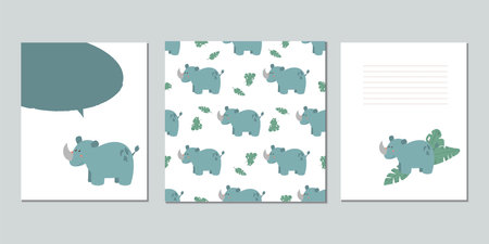 Set of vector baby cards with rhinos. Text templates for children's party, baby shower, postcards, invitations, diplomasのイラスト素材