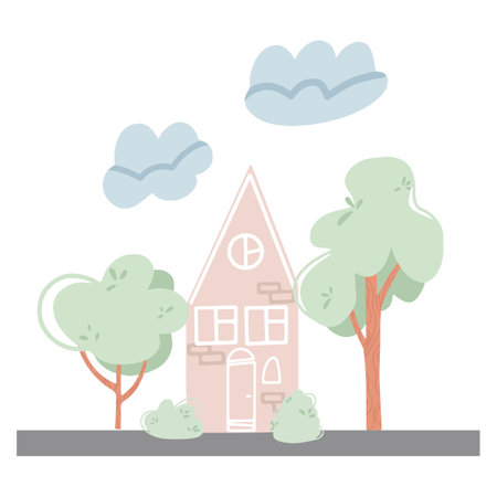 Cozy pink house. Urban architecture in flat cartoon style. Illustration design template isolated on white backgroundのイラスト素材