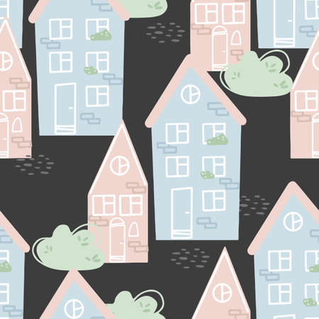 Seamless pattern with houses in cartoon style on a black background. Vector illustration for print, textile, wallpaper, wrapping paperのイラスト素材