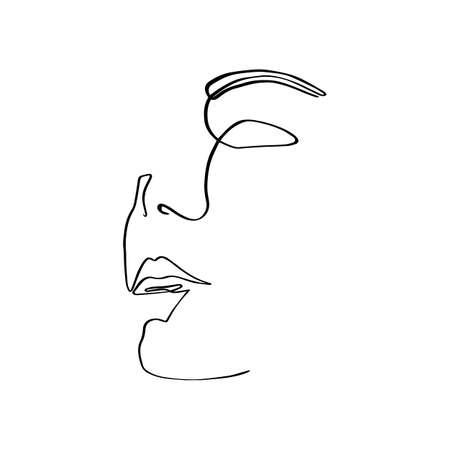 Abstract portrait of a young woman is drawn by one line. Minimalistic contour silhouette. Vector illustration isolated on white backgroundのイラスト素材