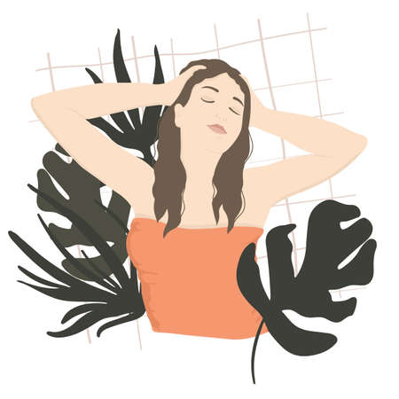 Abstract portrait of a young woman with hands in her hair on a background of tropical leaves. Vector image in trendy minimalist style.のイラスト素材