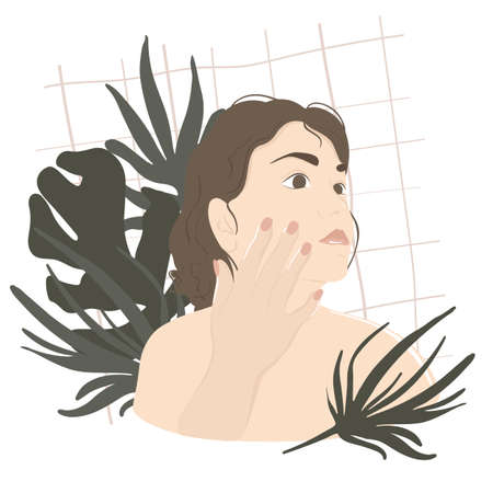 Abstract portrait of a young woman with a hand on her cheek against a background of tropical leaves. The concept of fashion and female beauty, personal care. Vector image in trendy minimalist styleのイラスト素材