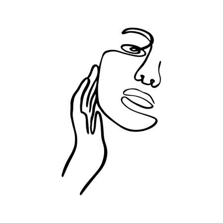 The contour silhouette of a woman with a hand near the face. Fashionable minimalist design. Vector illustration isolated on white backgroundのイラスト素材
