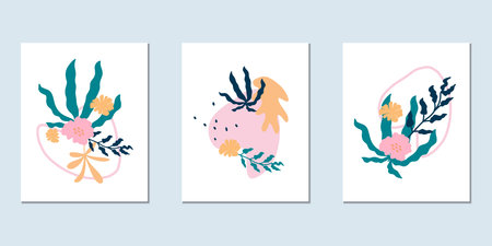 Set of modern abstract postcard templates. Vector floral collages. Design for social networks,...