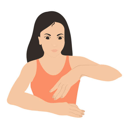 A beautiful young woman gently hums her hand. The concept of tenderness, comfort, care, self-love. Vector illustration on white background.のイラスト素材