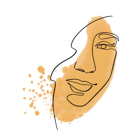 Abstract contour silhouette of a woman's face in trendy minimalist style on the background of watercolor stain. Vector illustrationsのイラスト素材