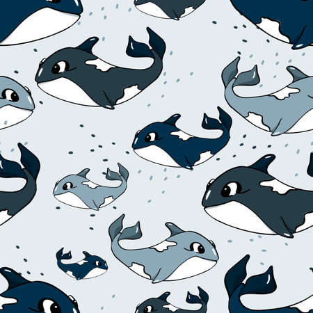 Seamless pattern with killer whales. Childrens cartoon style. Vector illustration for printing on fabric, baby room decoration, packaging decorのイラスト素材