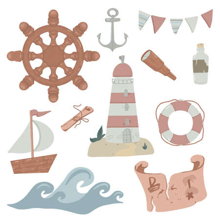 A set of elements on the marine theme. Vector illustration in children's cartoon style. Suitable for stickers, kids decorのイラスト素材