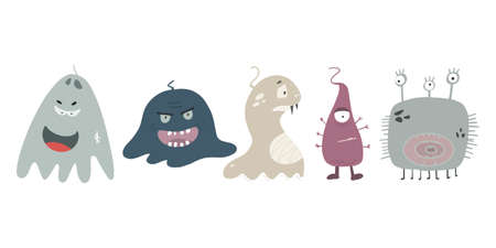 Set of multi-colored monsters in cartoon style. Vector illustration for print, stickers, baby decorations.のイラスト素材