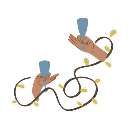 Hands in a garland surrounded by garlands. Holiday concept. Vector illustration in cartoon style. Isolated on white background.のイラスト素材
