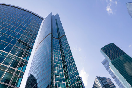 Low angle view of Moscow-City skyscrapers. Moscow-City (Moscow International Business Center) is a...