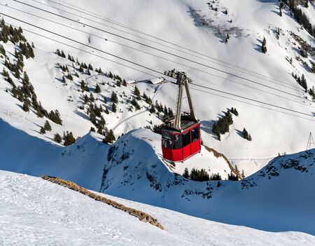 Panorama from the observation platform of the Stockhorn mountain. Gondola climbs the mountain.の写真素材
