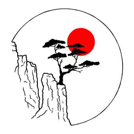 Landscape in traditional Asian style. Japanese pine. Vector illustration.のイラスト素材
