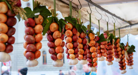 Onion Day Festival in Bern, Switzerland. Onion trade in the market.の写真素材