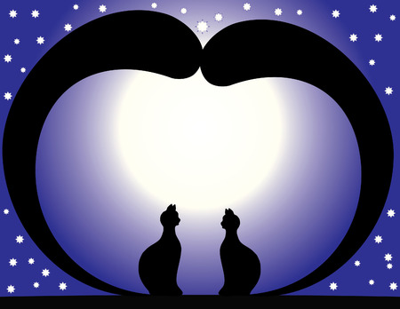 In Love cats sit at night on a roof by the light of month on a background star sky.のイラスト素材
