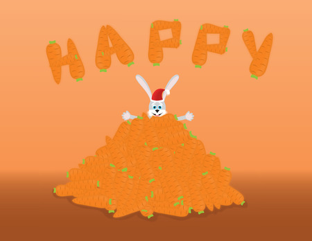 Happy hare on the heap of carrot on an orange background.のイラスト素材