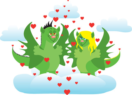 In love dragons steam in sky in surroundings clouds and hearts.のイラスト素材