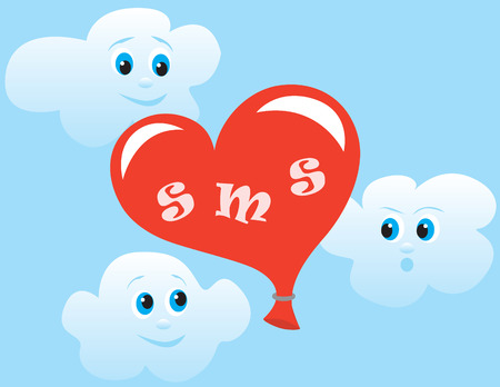 as a heart personifying sms flies on sky to the addressee in surroundings playful clouds.のイラスト素材