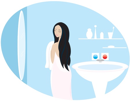 a girl in a bathroom dries hairs a towel before a mirrorのイラスト素材