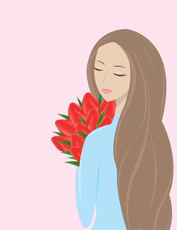girl with the bouquet of red tulipsのイラスト素材