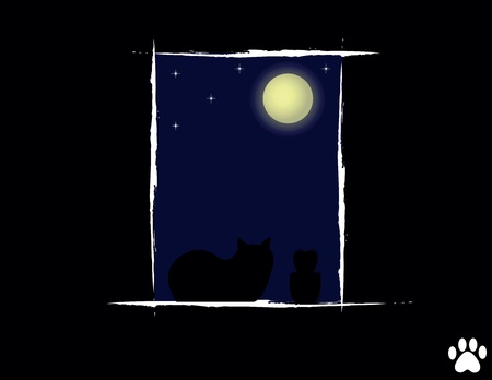 Cat in the night looking at the moon and starsのイラスト素材