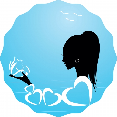 girl or woman and bird on seaのイラスト素材