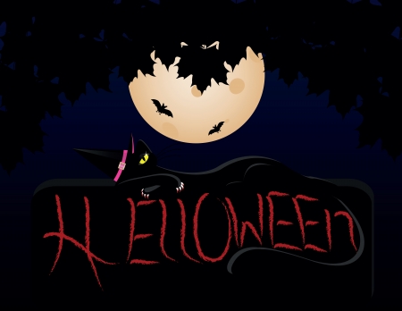 Halloween cat wearing witches hat against a full moonのイラスト素材