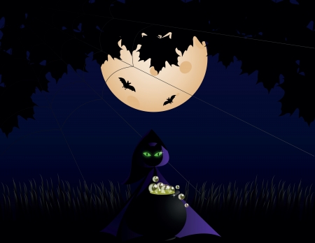 black cat on night of Halloween with Moon and batのイラスト素材