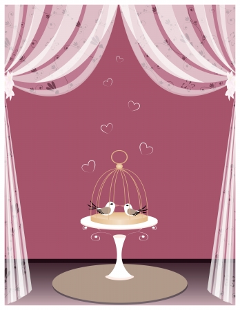 Illustration with birdcage and birds  in roomのイラスト素材
