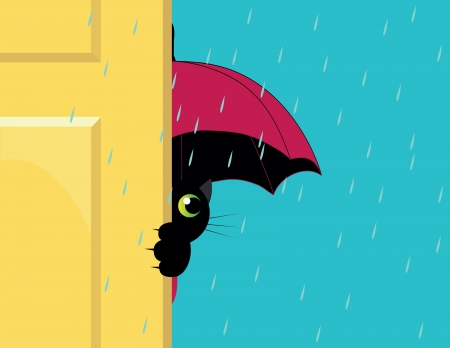 cat under an umbrella looking out of the doorのイラスト素材