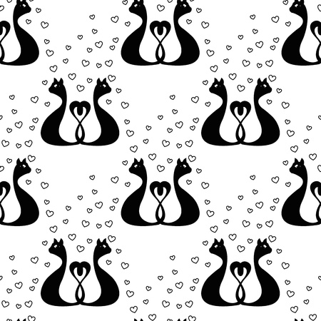 white seamless pattern with love black cats and heartのイラスト素材