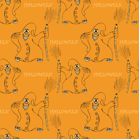 halloween seamless pattern with smile ghost with broomのイラスト素材