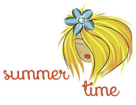 summer background  with girl  or woman with big blue flowerのイラスト素材