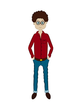 boy with glasses red shirt and blue jeansのイラスト素材