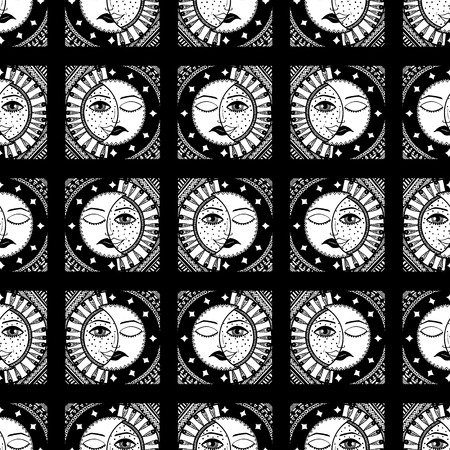 seamless pattern with sun and month. black and white. vectorのイラスト素材