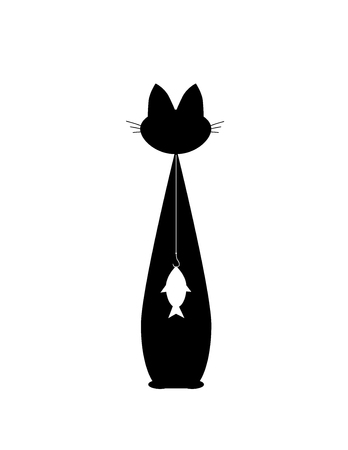big black Cat silhuette with fish. vector. isolatedのイラスト素材
