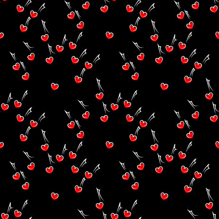 black seamless pattern with red notes as hearts. vector