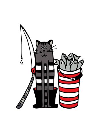 Cat fisherman with a bucket of fish and fishing rod. Vectorのイラスト素材