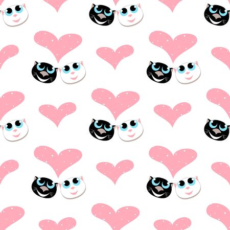 seamless pattern with pair of cats in love look at a big heart. vector.のイラスト素材