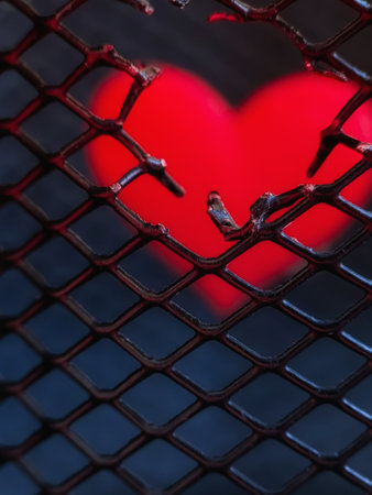 red heart breaks free through a metal grate. macro. a photoの写真素材