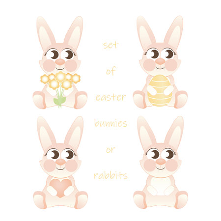 set pink easter bunny, rabbit or hare with heart, flower, egg. Easter. vector. vector illustration. isolateのイラスト素材