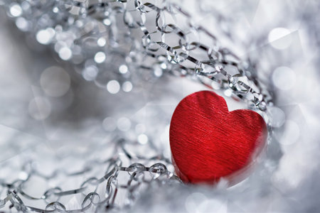 Red heart in silver chains. Background for valentine's day. Photoの写真素材