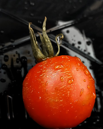 One red tomato on abstract black background. Photo. High quality photoの写真素材